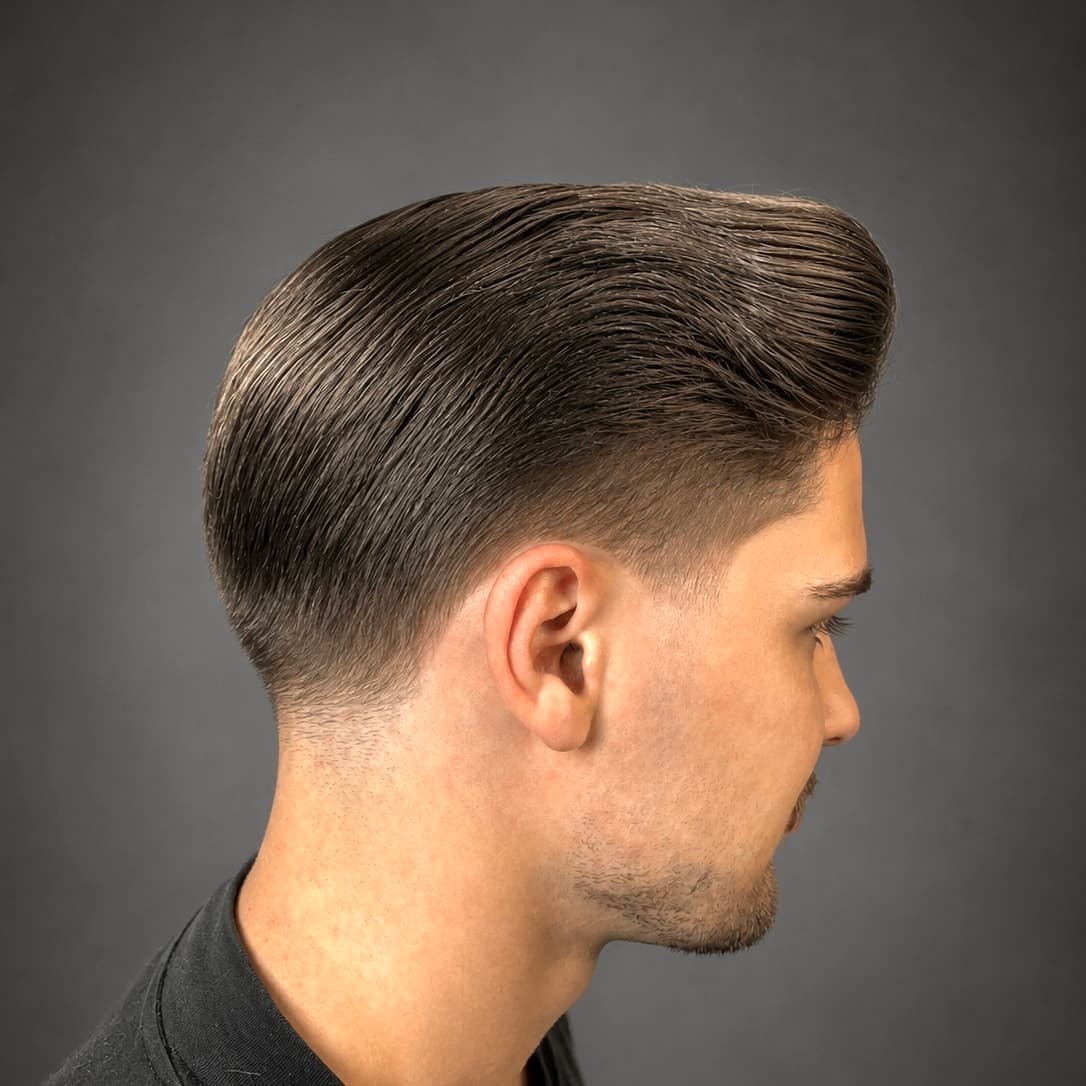 Perfil de topete alto castanho penteado para trás, com transição limpa nas laterais