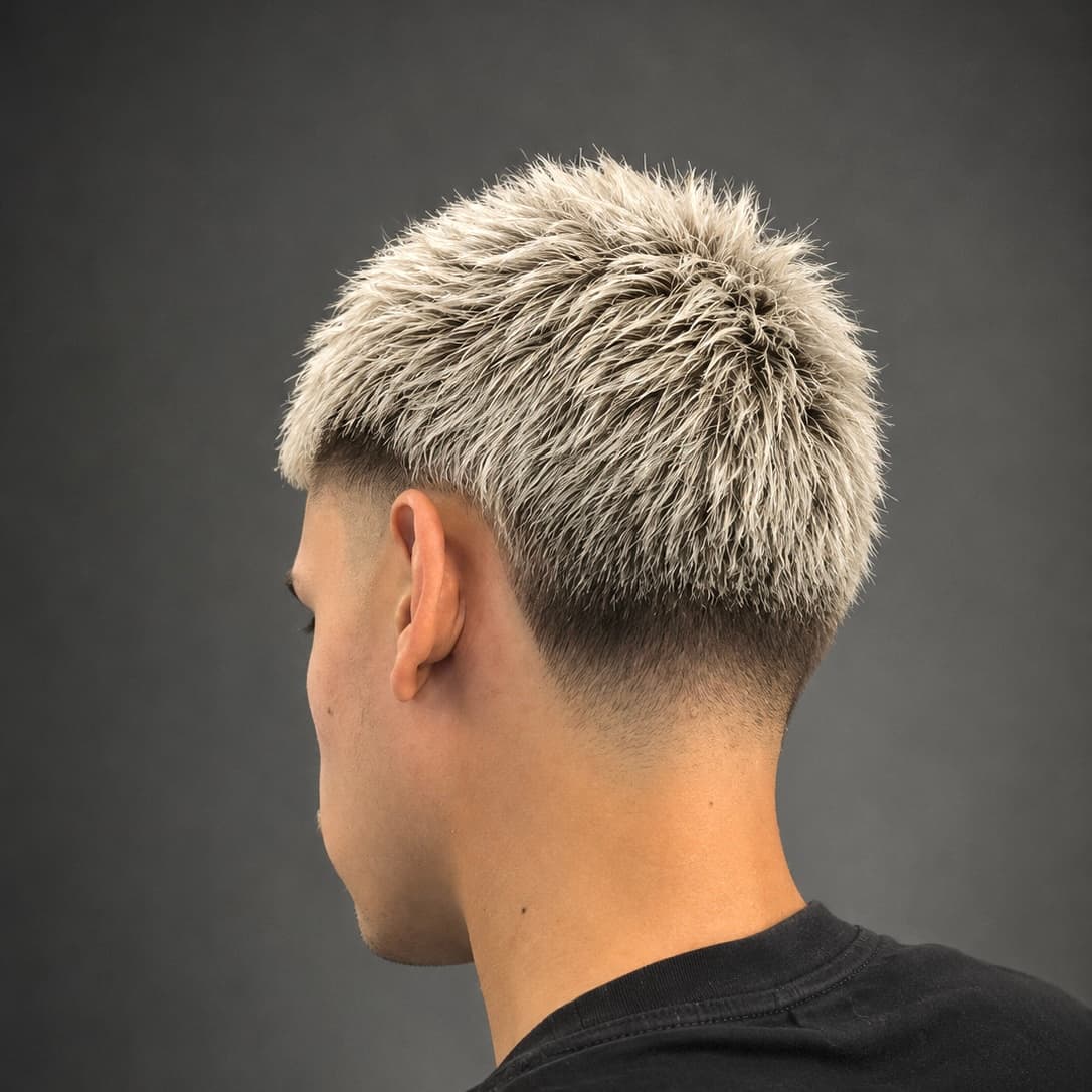 Vista de trás de cabelo descolorido platinado, curto e espetado, com degradê nas laterais